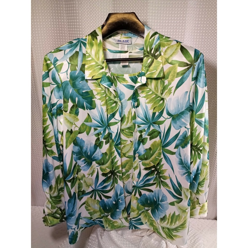 2PC Women's XL Long Sleeve Tank Button Collar Over Hawaiian Flare Green Blouse